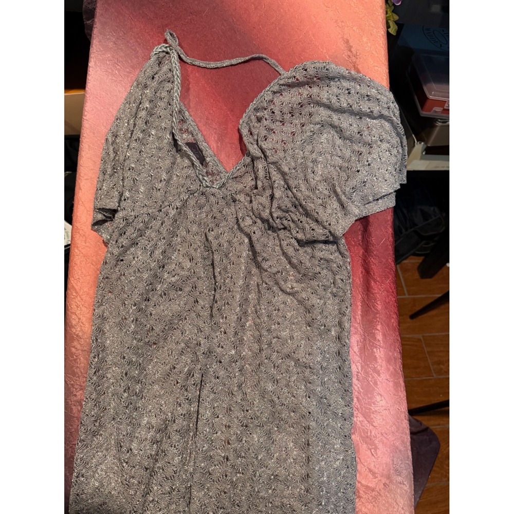 Elif for Jordan Taylor Metallic Silver Crochet Knit V-Neck Swim Cover Up Dress